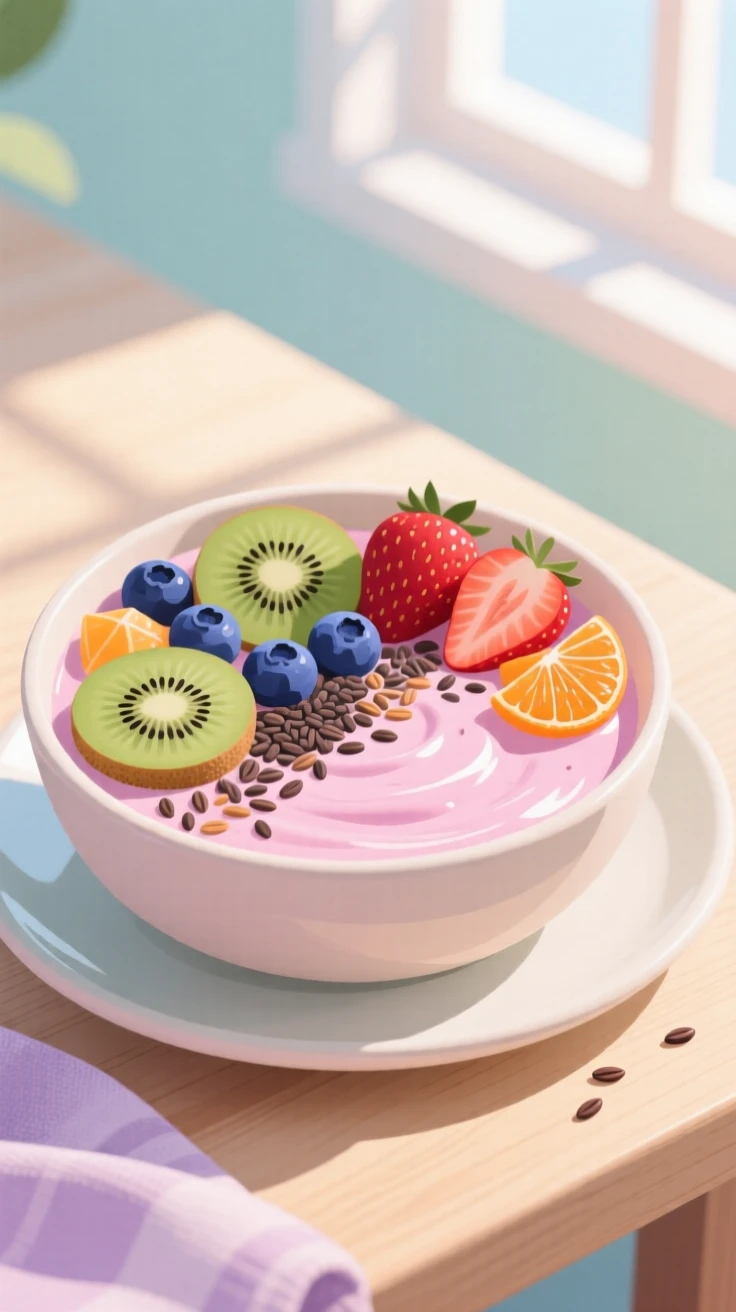 A fresh smoothie bowl topped with colorful fruit and seeds, set in a bright, sunlit room with soft natural light, arranged with layered textures creating visual interest, with gentle pastel tones evoking calm and comfort.