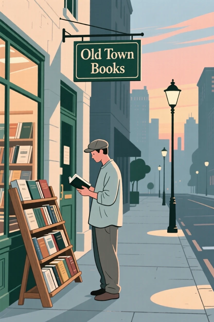 A street vendor browsing a used bookstore on a quiet summer evening in the city.