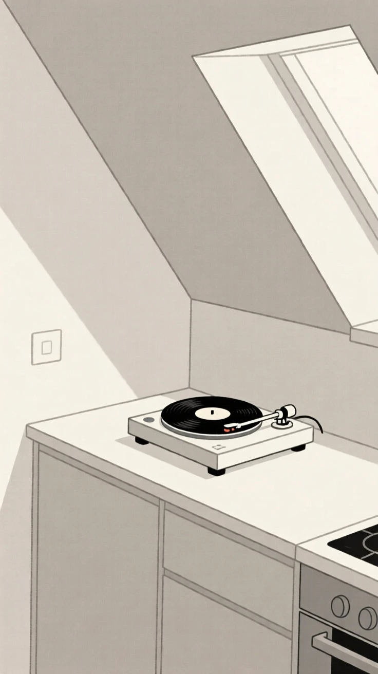 A morning scene of kitchen counter resting in a cozy attic room beside a vinyl record player, radiating calm comfort.