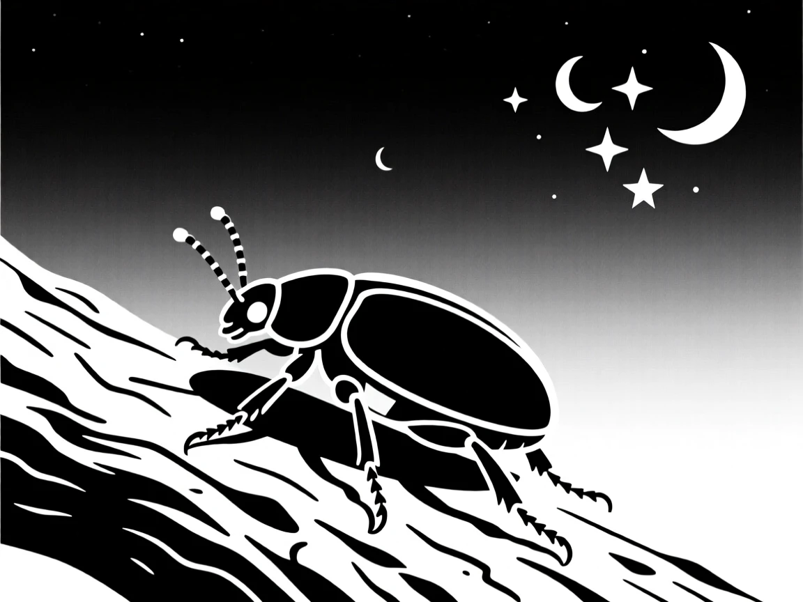 A beetle on tree bark under a summer evening sky.