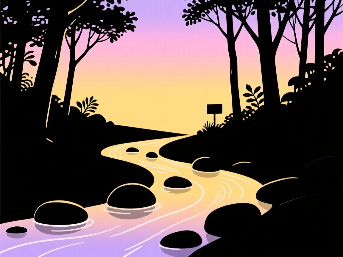 A gentle stream flowing over smooth stones through a quiet forest clearing.
