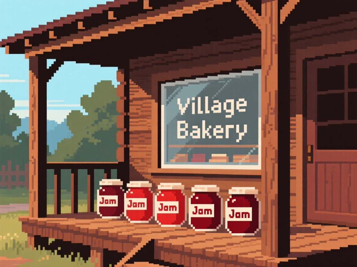 A cabin porch lined with jars of homemade jam, in a village bakery before opening hours.