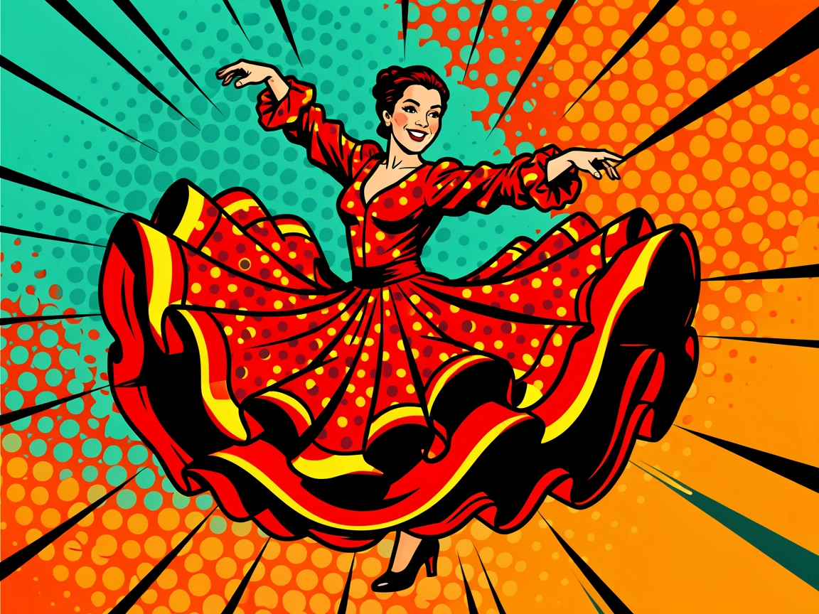 A traditional flamenco dancer mid-twirl in a lively dress