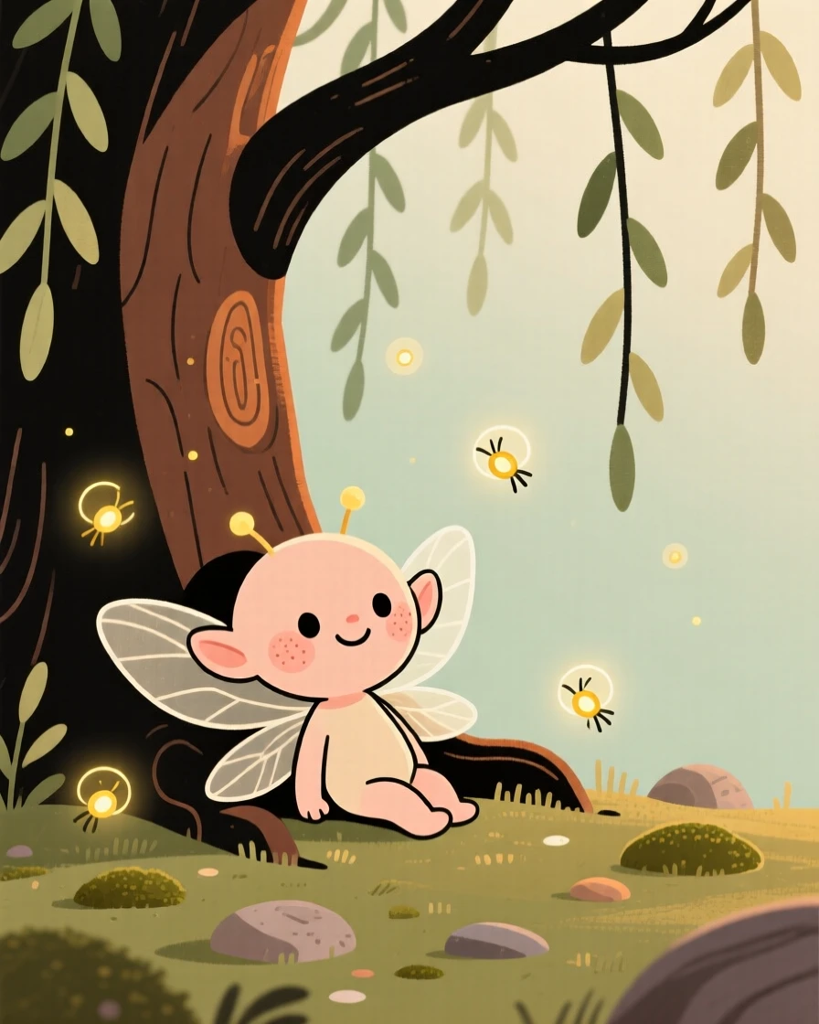 A tiny winged sprite rests beneath a ancient willow in an hidden magical glade, surrounded by soft glowing fireflies that drifts gently through the air.