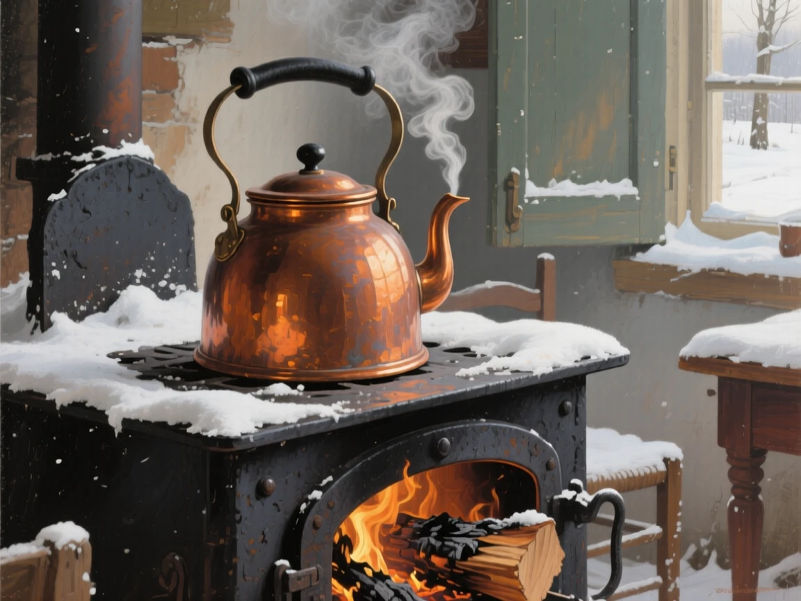 A tightly framed close-up of a copper kettle steaming on a wood-burning stove, under a fresh blanket of winter snow, in the Dutch countryside.
