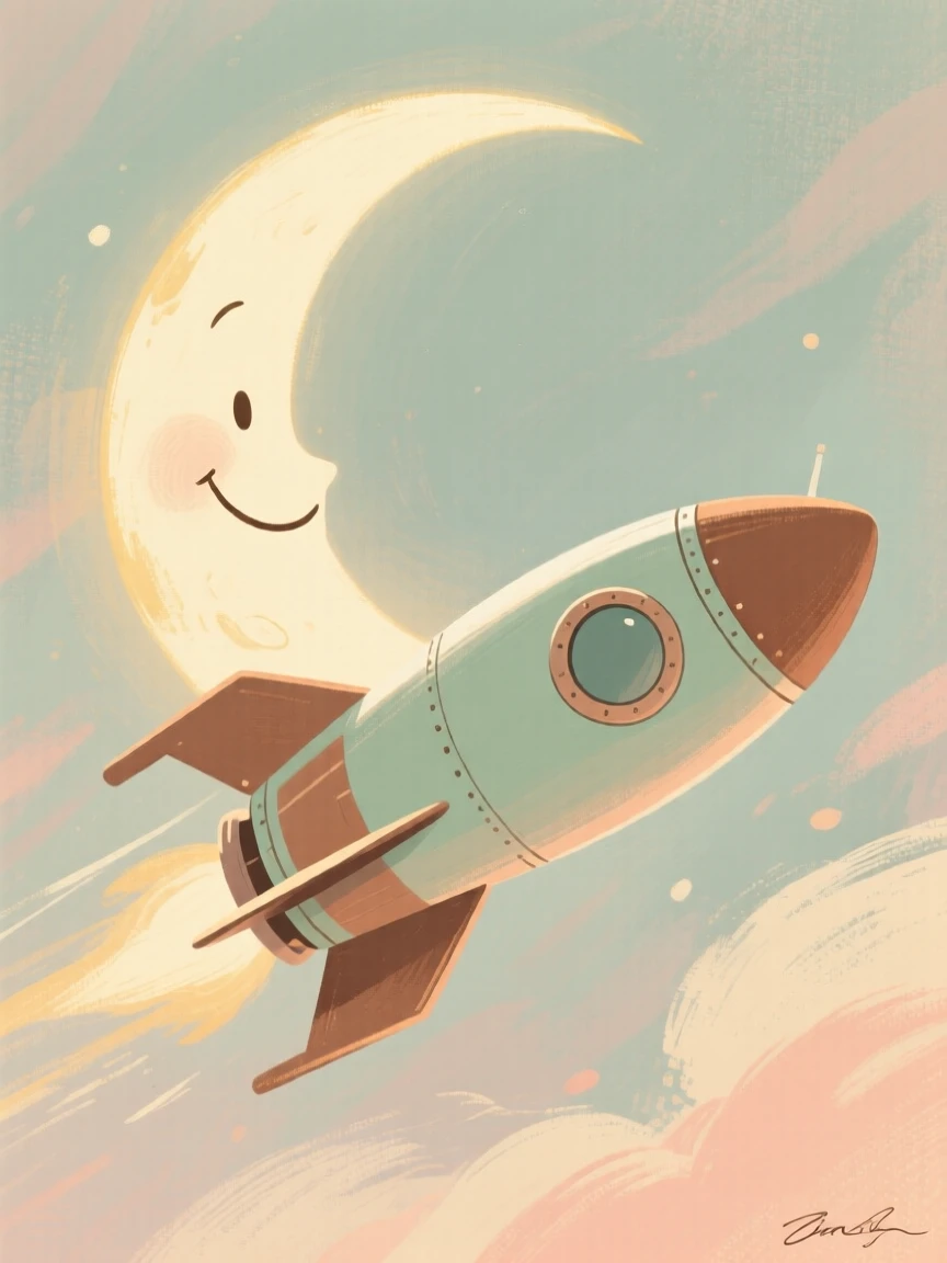 A whimsical scene of a rocket ship flying past a smiling crescent moon
