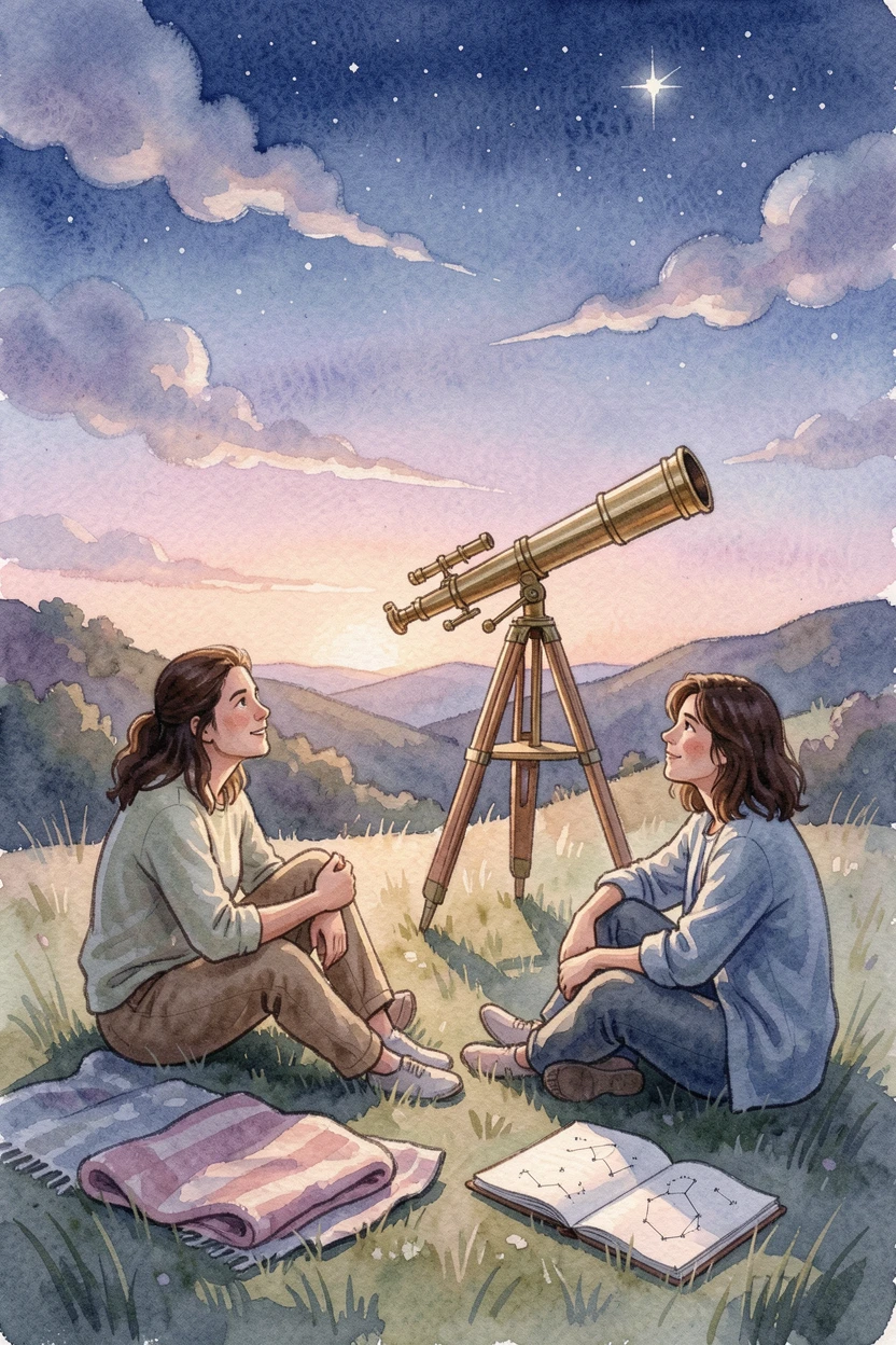 A group of friends stargazing with a telescope in a relaxed, unhurried setting.