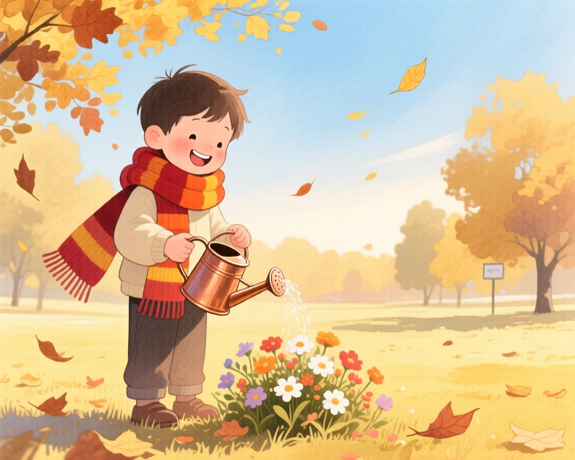 A boy with a striped scarf waters flowers with a tiny can in a golden autumn park, laughter and joy filling the warm afternoon air