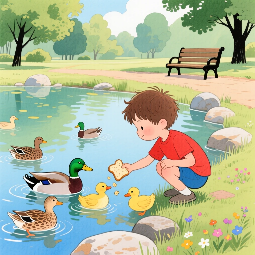 A little boy feeding ducks at the edge of a park pond.