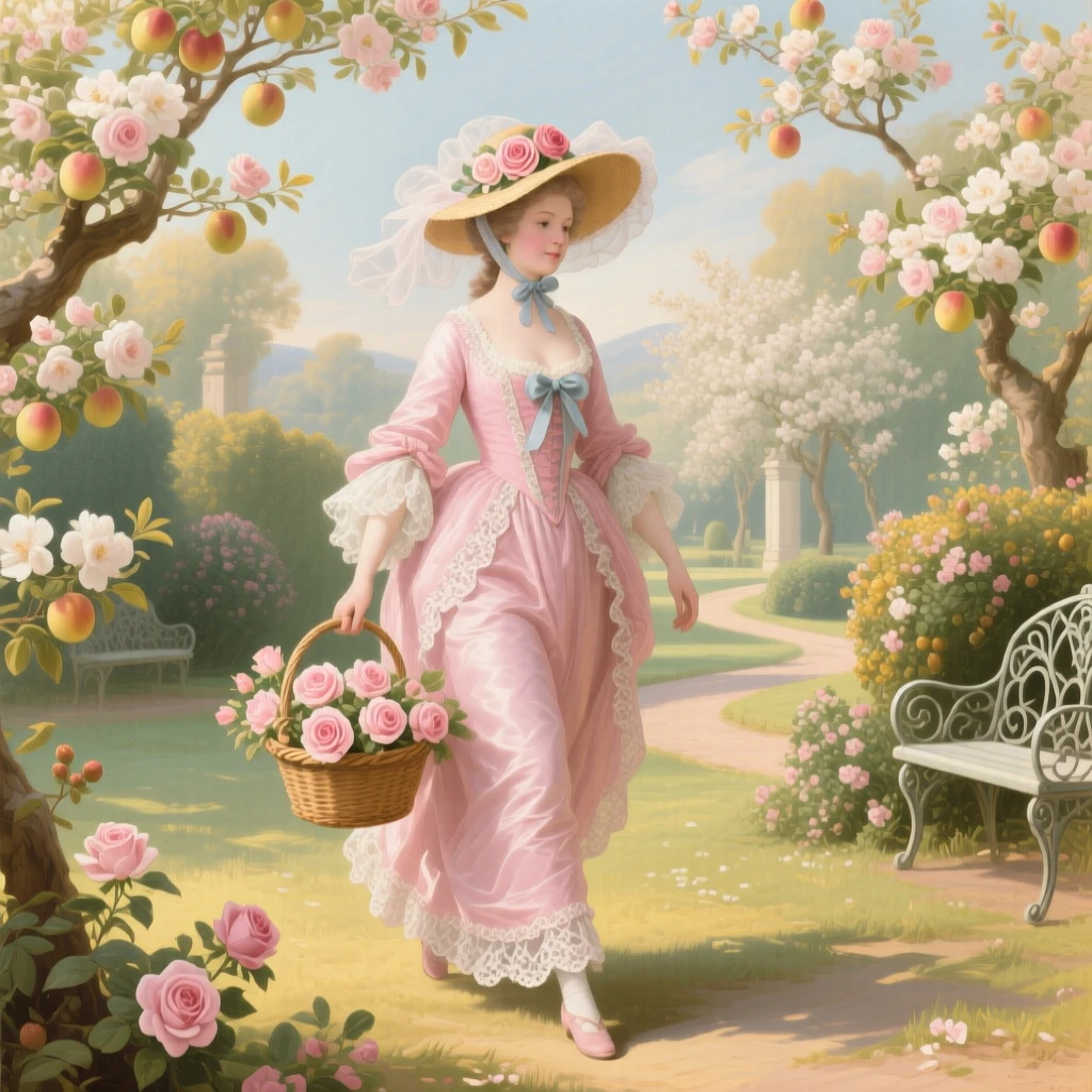 A lady in a wide hat carrying a basket of roses through an orchard  