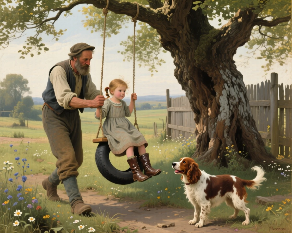A father pushing his daughter on a tire swing beneath an old oak tree, with a beloved family pet joining in the moment, offering a heartwarming glimpse into ordinary, meaningful moments