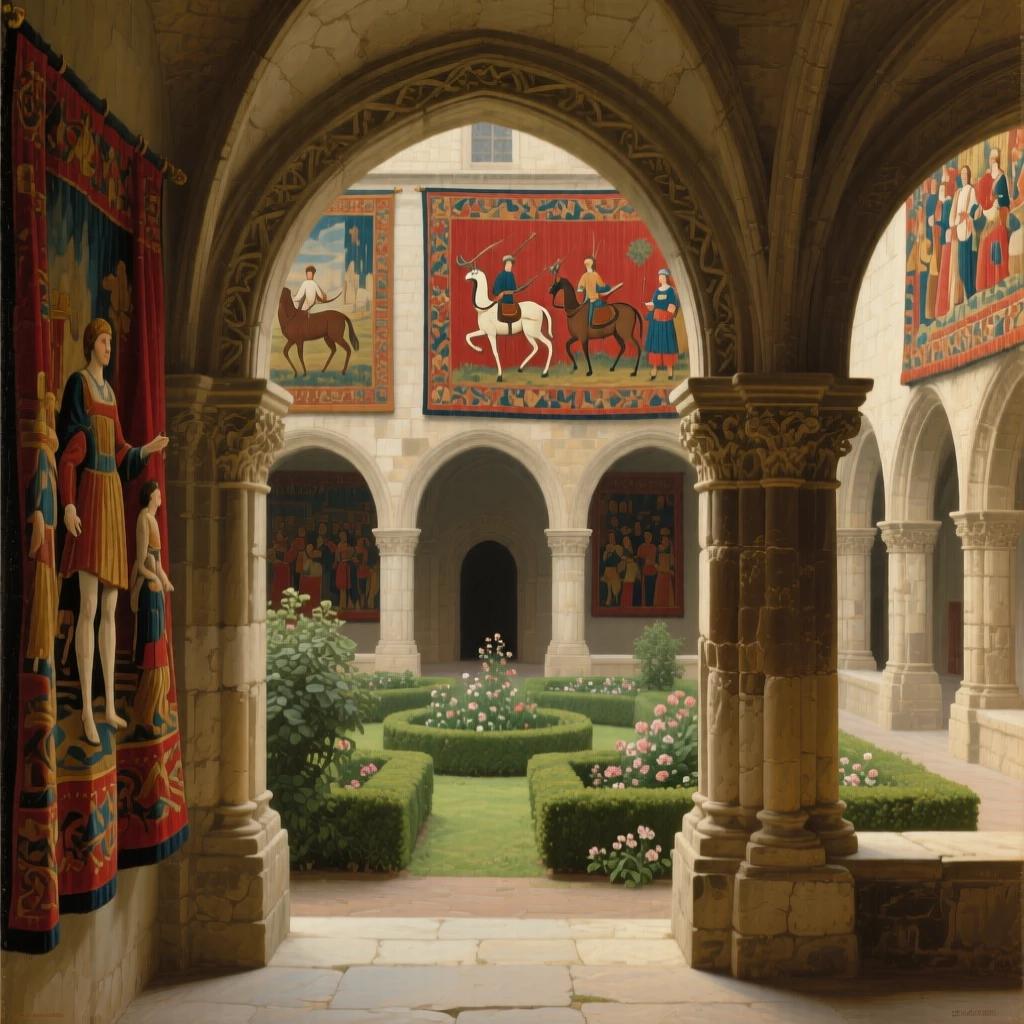 A monastery cloister with weathered stone arches and a central garden resonating with the faint echo of distant footsteps, set within a royal residence steeped in history, with rich tapestries depicting scenes of hunts and festivals; a central vanishing point draws the viewer deep into the grand space, capturing the serene majesty of a space built to inspire awe.