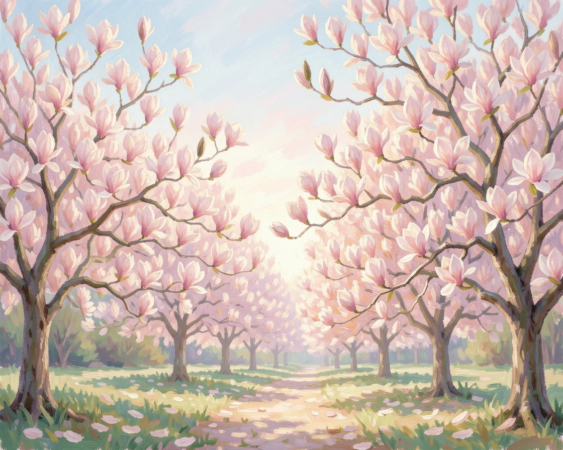 A garden of blooming magnolias, their pale pink blossoms unfurling against a soft spring sky.