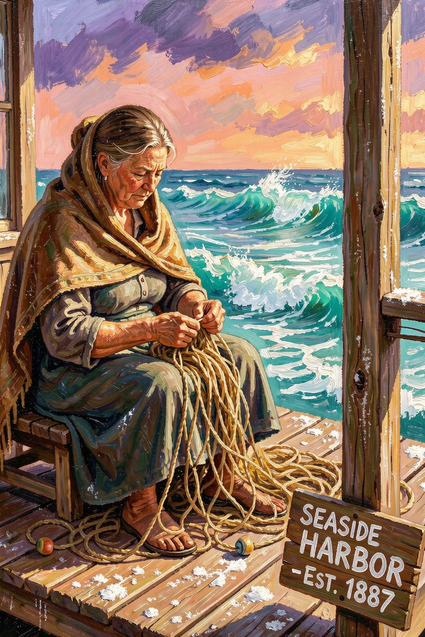 An old fisherman's wife mending nets on the porch as the tide rolls in.