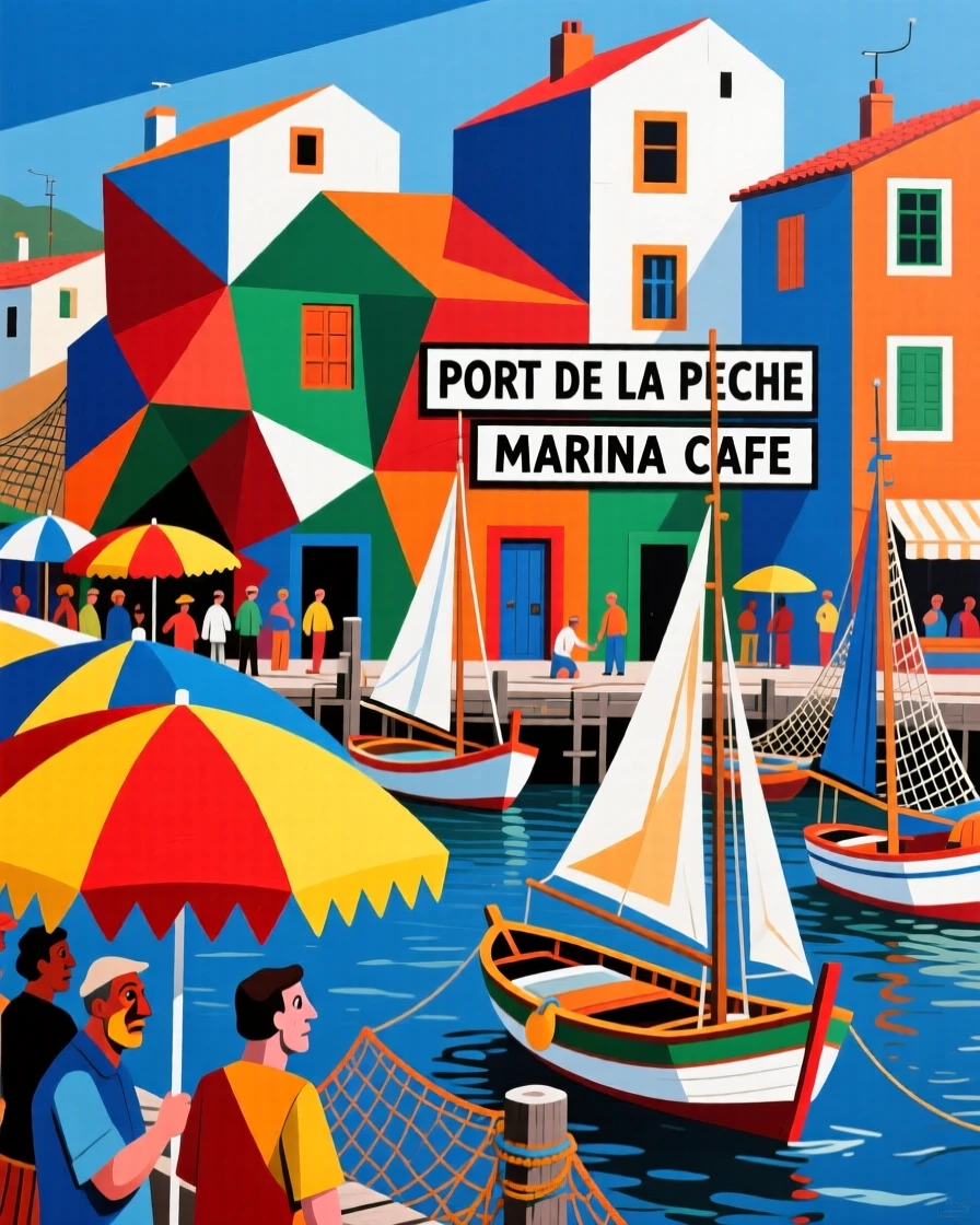 A vibrant scene of a colorful fishing harbor dotted with umbrellas shielding patrons from the sun.