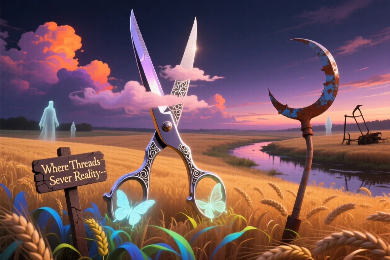 A colossal pair of scissors standing upright in a wheat field casts a long shadow across the empty countryside at dusk, as clouds drift slowly through gaps in its structure.