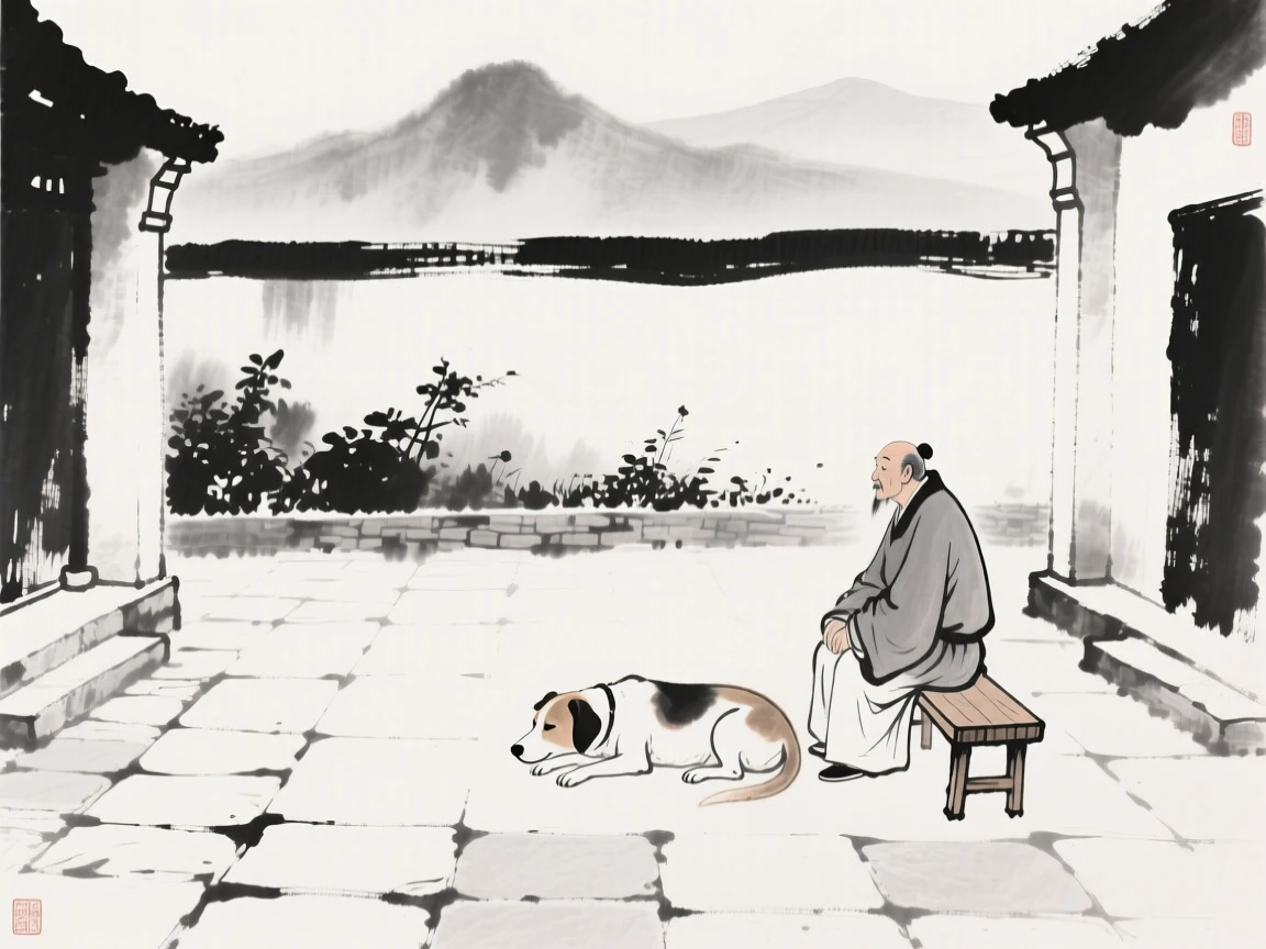 A dog rests beside its owner in a quiet courtyard, with mountains visible faintly beyond the garden wall.
