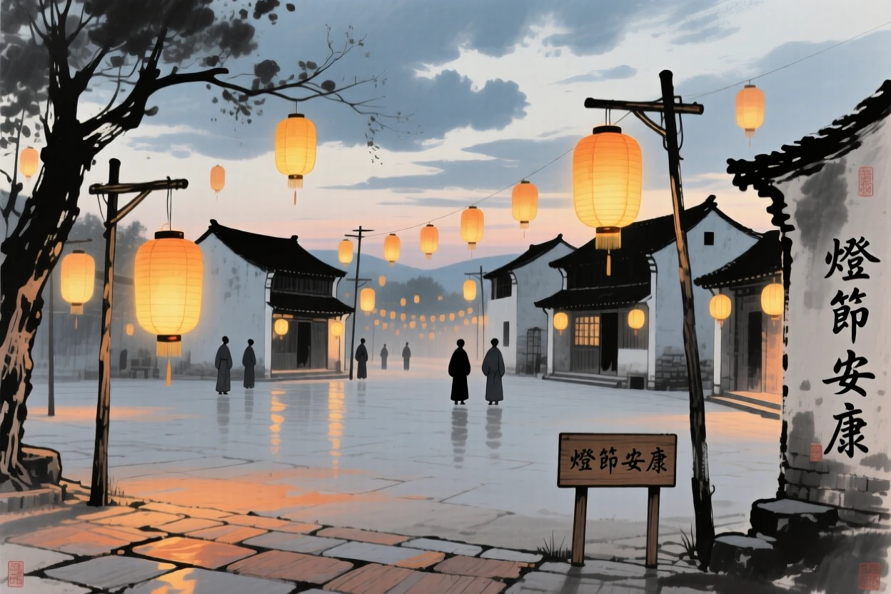 A lantern festival filling a village square with warm golden light, beneath low hanging clouds, filled with tranquil stillness, as lanterns are lit for the evening.