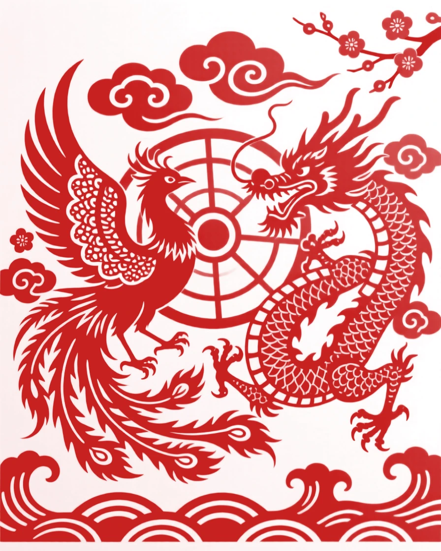 A great phoenix and dragon locked in a graceful dance around a spinning wheel of clouds