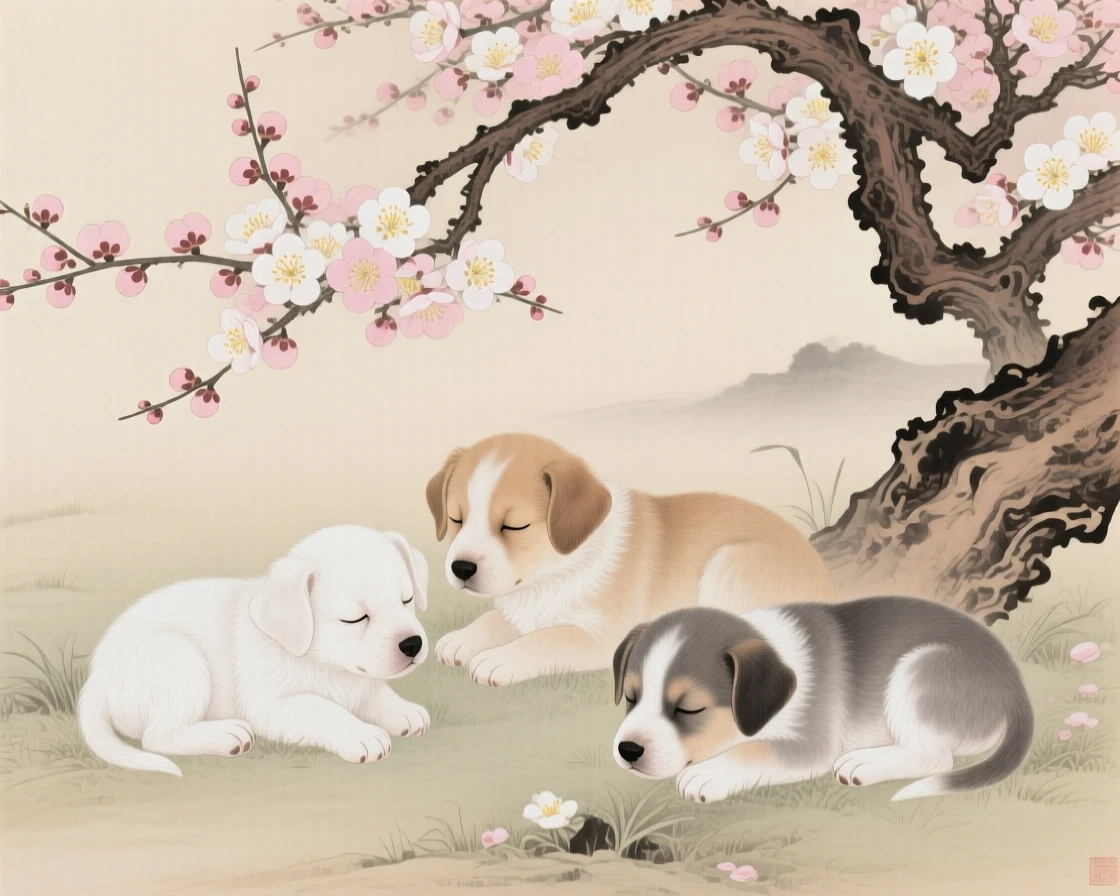 A litter of puppies resting beneath a blooming plum tree