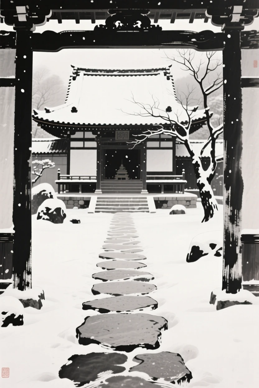 A quiet courtyard temple dusted with the season's first snow, framed symmetrically along a central path, carrying a sense of sacred stillness.
