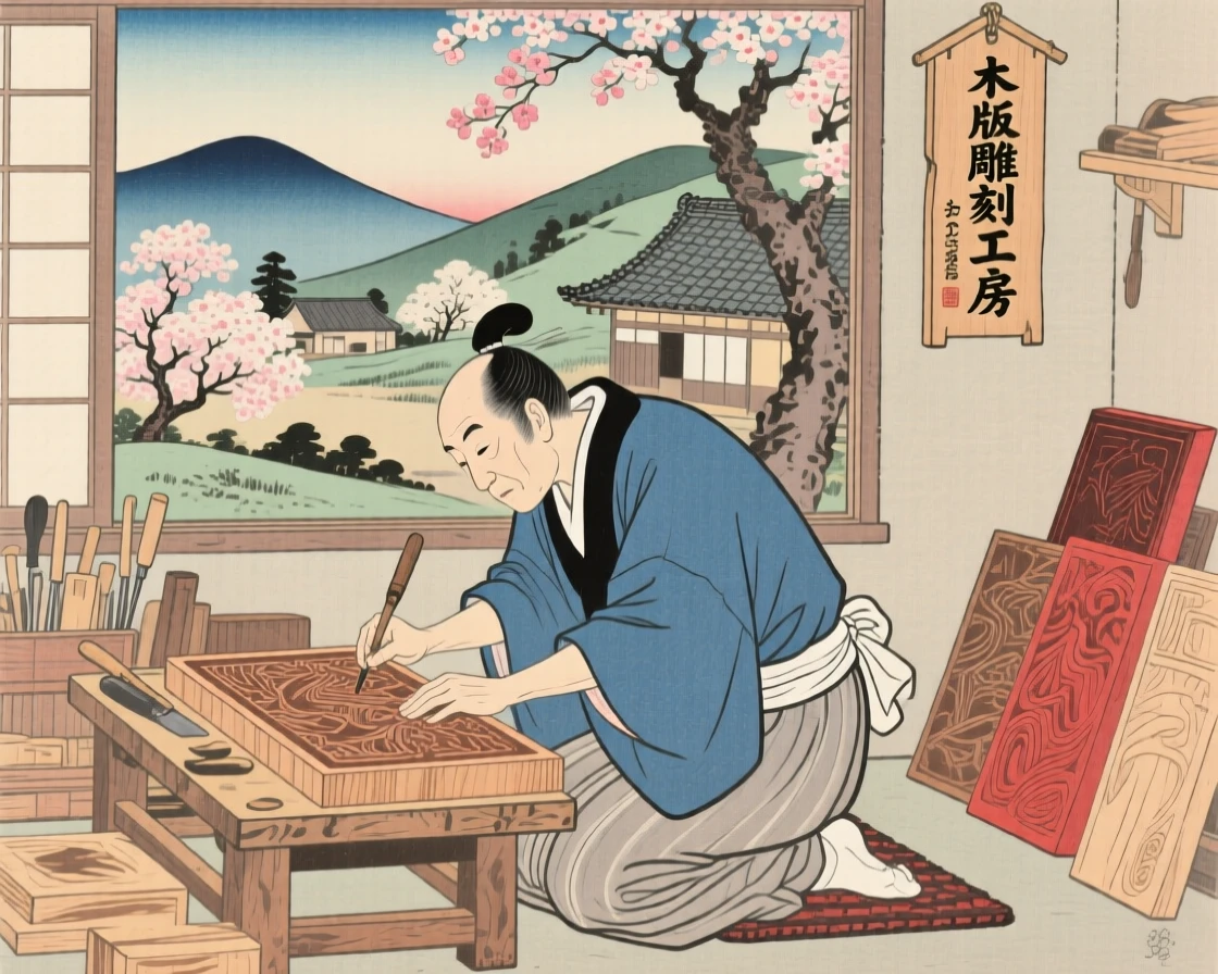 A woodblock carver etching fine details into a wooden print block.