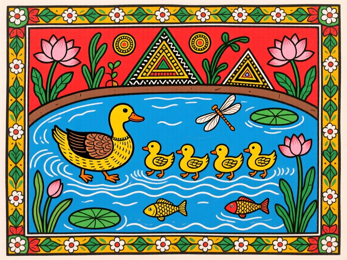 A duck leading her ducklings across a still village pond.