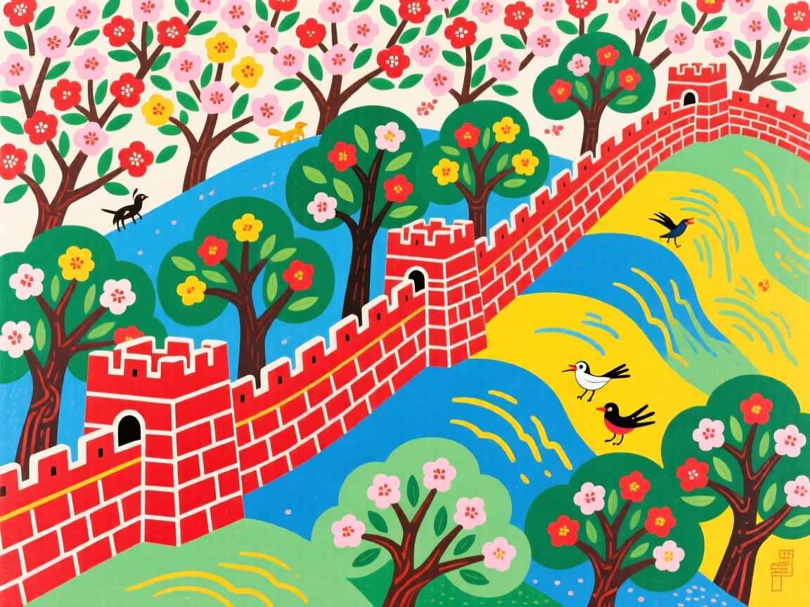 A fortress wall winding along a ridge under a canopy of blossoming trees.