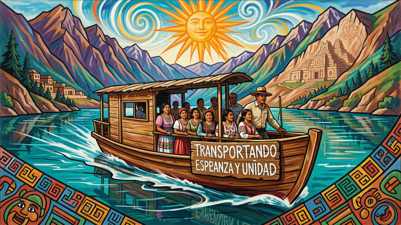 A rustic ferry crossing a calm lake surrounded by mountains