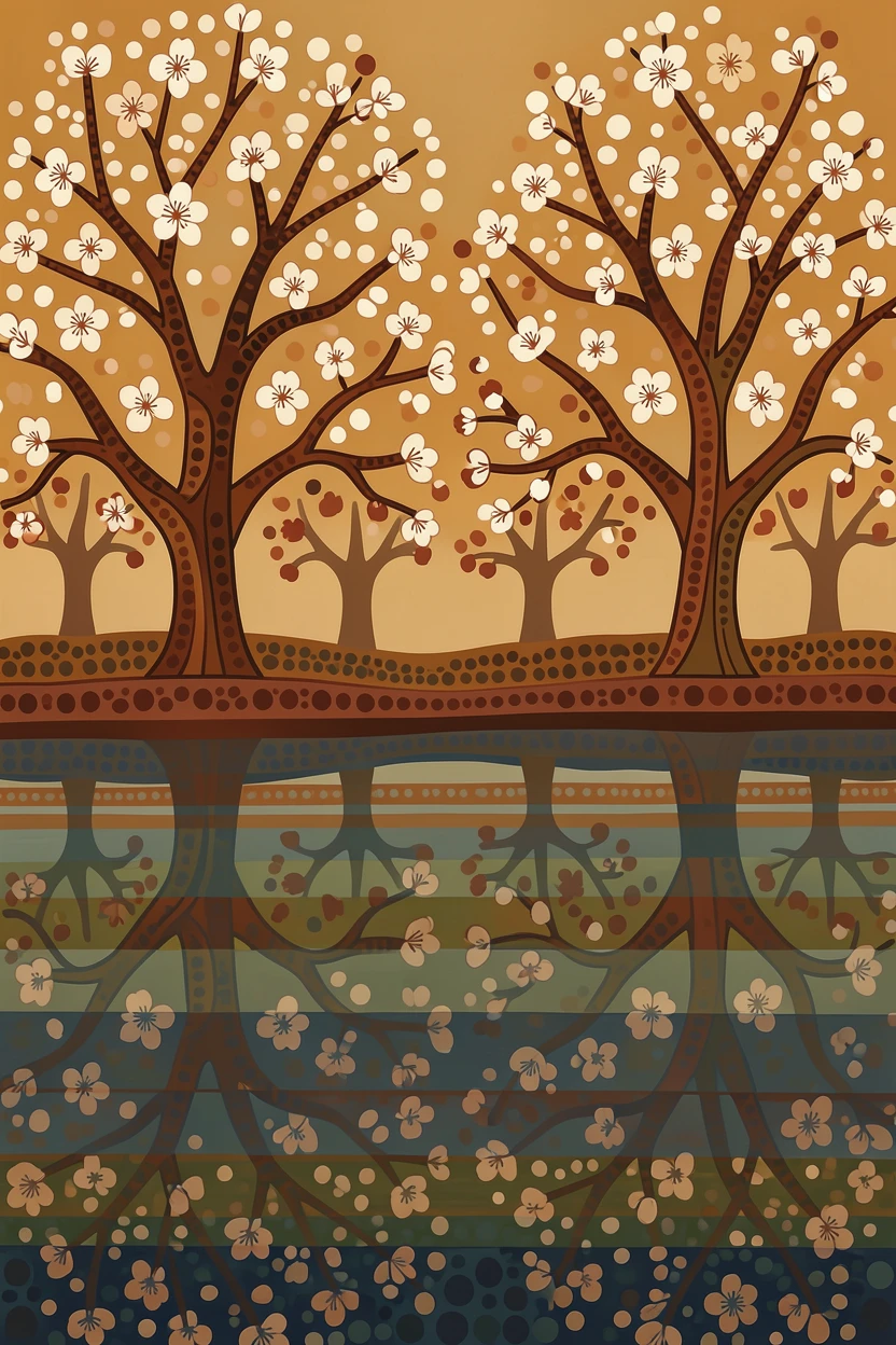 A blooming cherry orchard reflected in still water