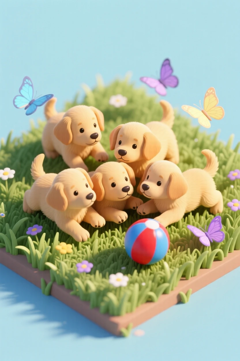 A litter of golden retriever puppies tumbling over each other in a sunlit meadow, a ball mid-bounce nearby, and butterflies drifting past.