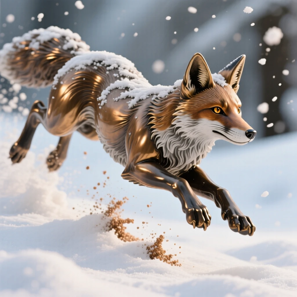 A snow-covered fox pouncing through drifting powder, bathed in warm, natural light, evoking wonder and majesty