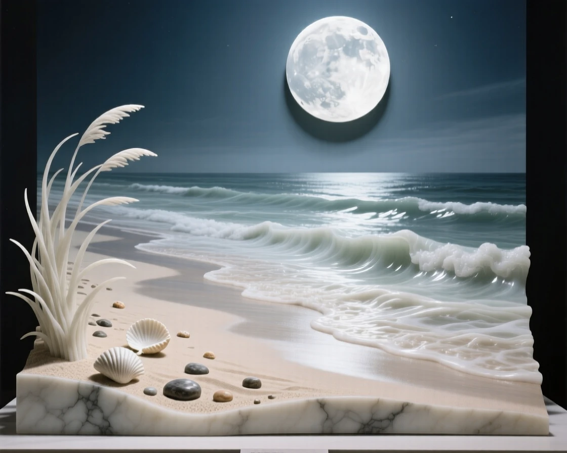 A breathtaking view of a moonlit beach with gentle waves, rich with color and atmosphere, evoking peace and wonder
