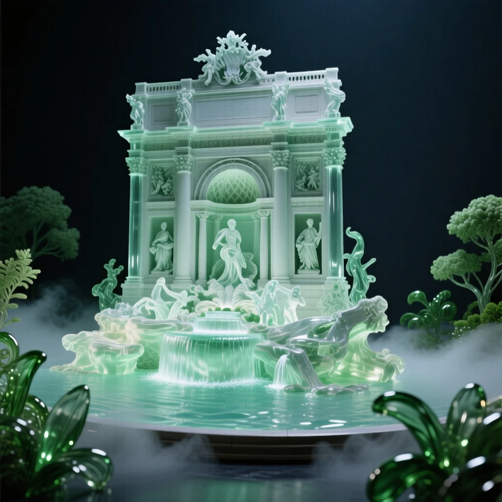 The Trevi Fountain glowing at night surrounded by lush greenery and soft morning mist, wide establishing composition, feeling serene and majestic.