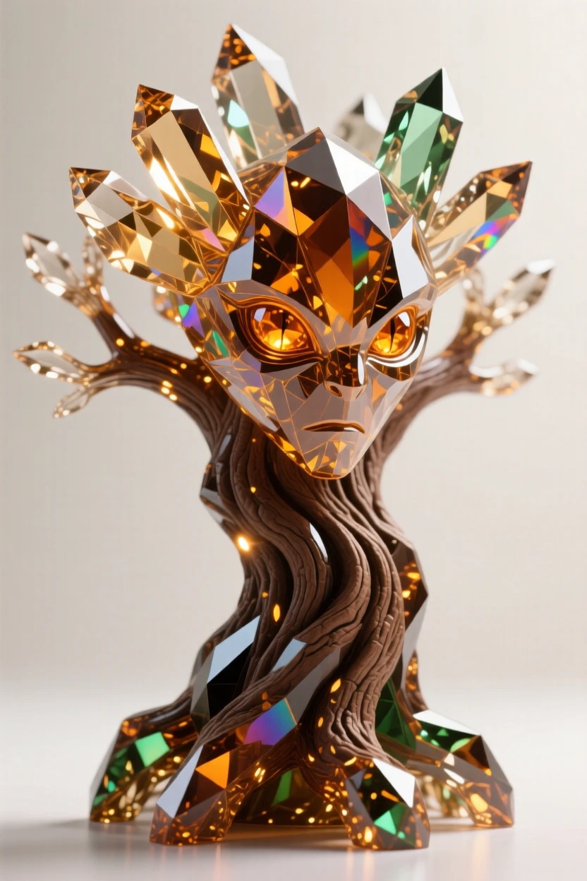 An ancient tree spirit awakening, bark peeling back to reveal glowing amber eyes.