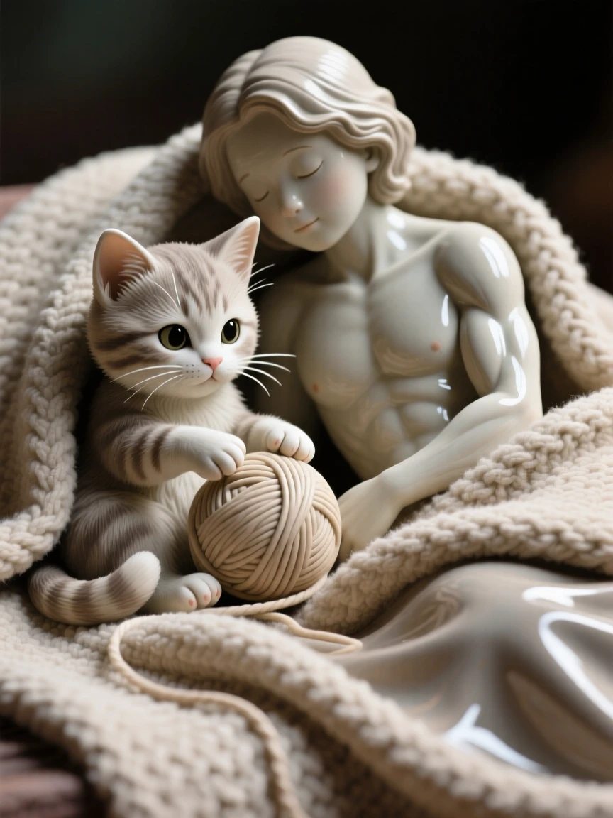 A tiny kitten batting at a ball of yarn nestled cozily against a warm companion, wrapped snugly in a soft cozy blanket, capturing a moment of pure childlike delight.