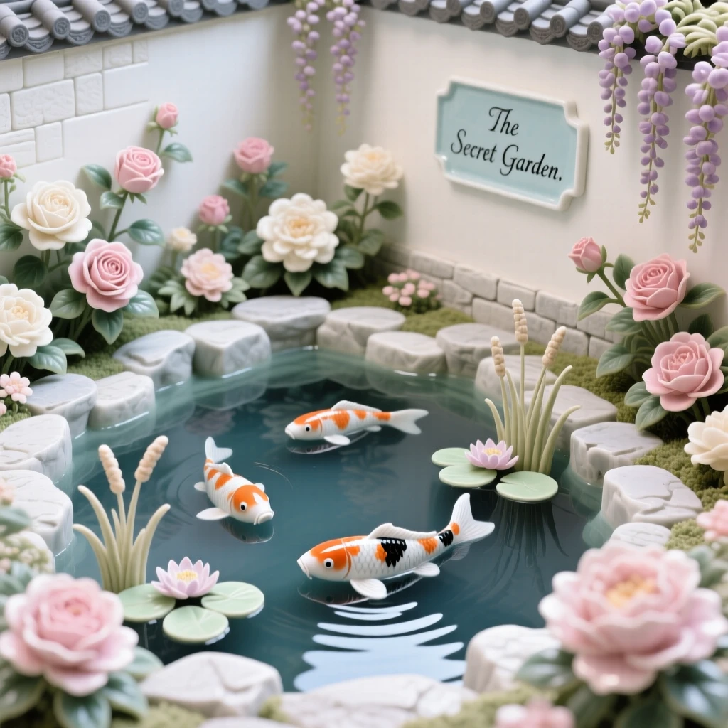 A sprawling secret walled garden in full bloom, centered around a tranquil koi pond.