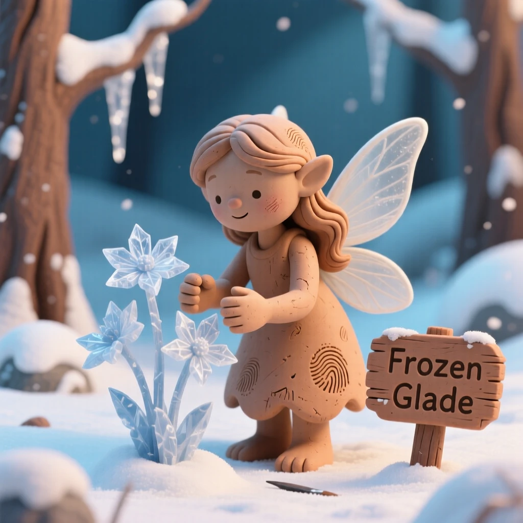 A snow fairy sculpting delicate ice flowers in a frozen glade