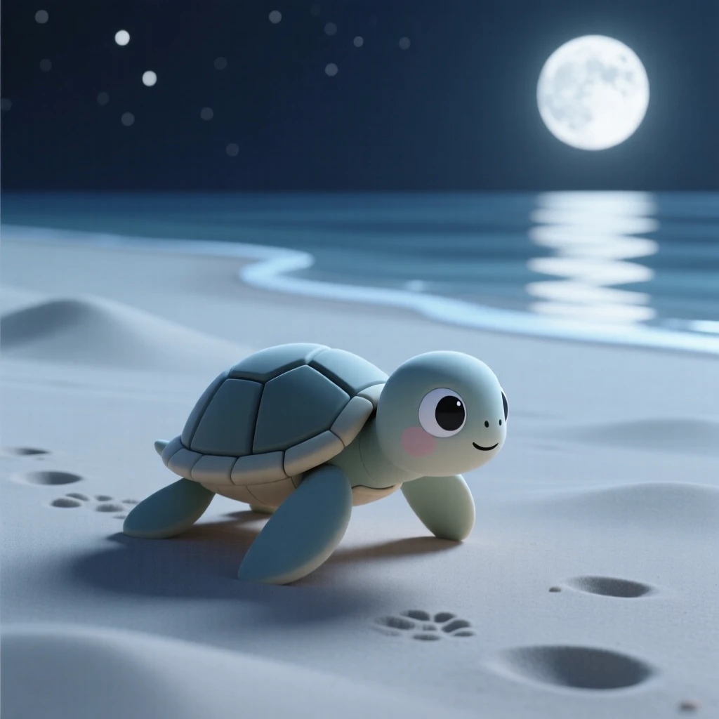 A curious baby sea turtle scrambles across moonlit sand, flippers pushing hard toward the glimmering ocean.