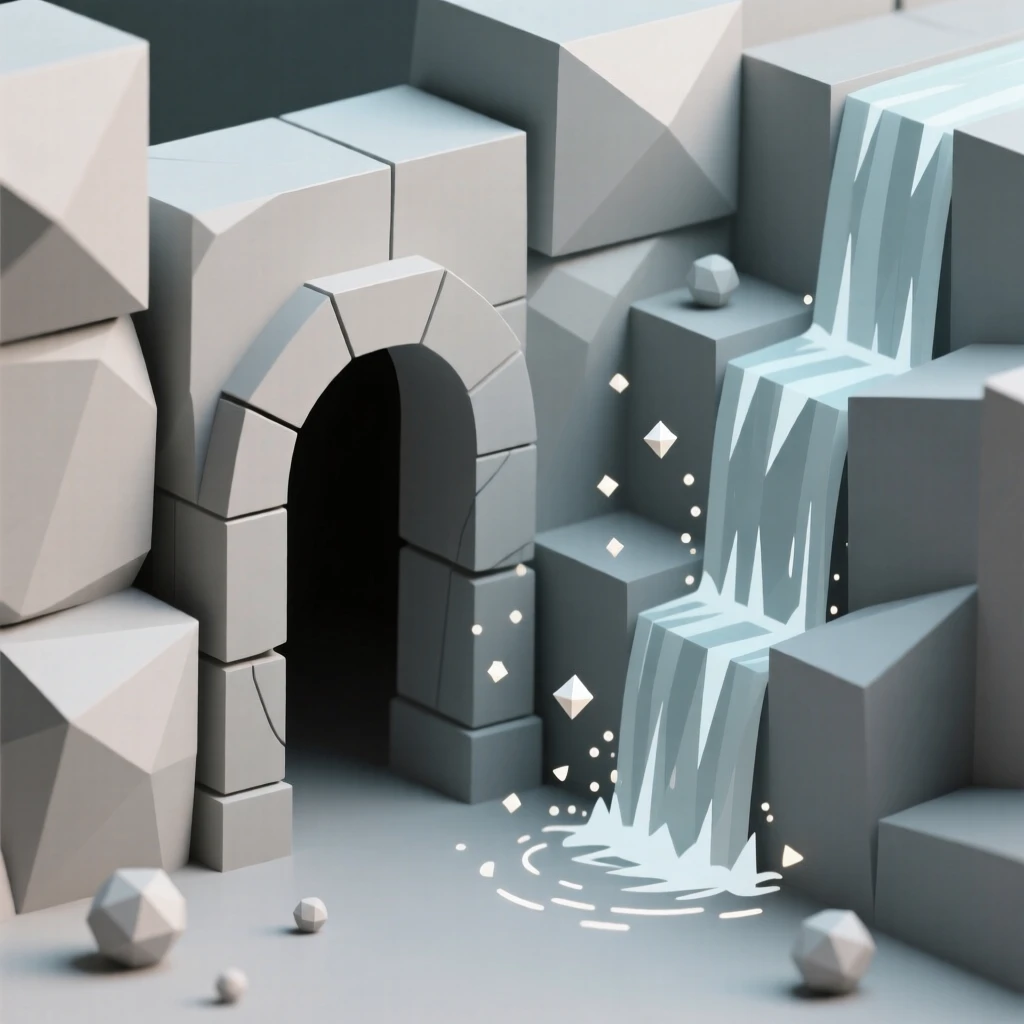 A hidden portal glowing between ancient stones, beside a waterfall that glows with soft light. swirling particles of light drift through the air. The mood is mysterious yet inviting.