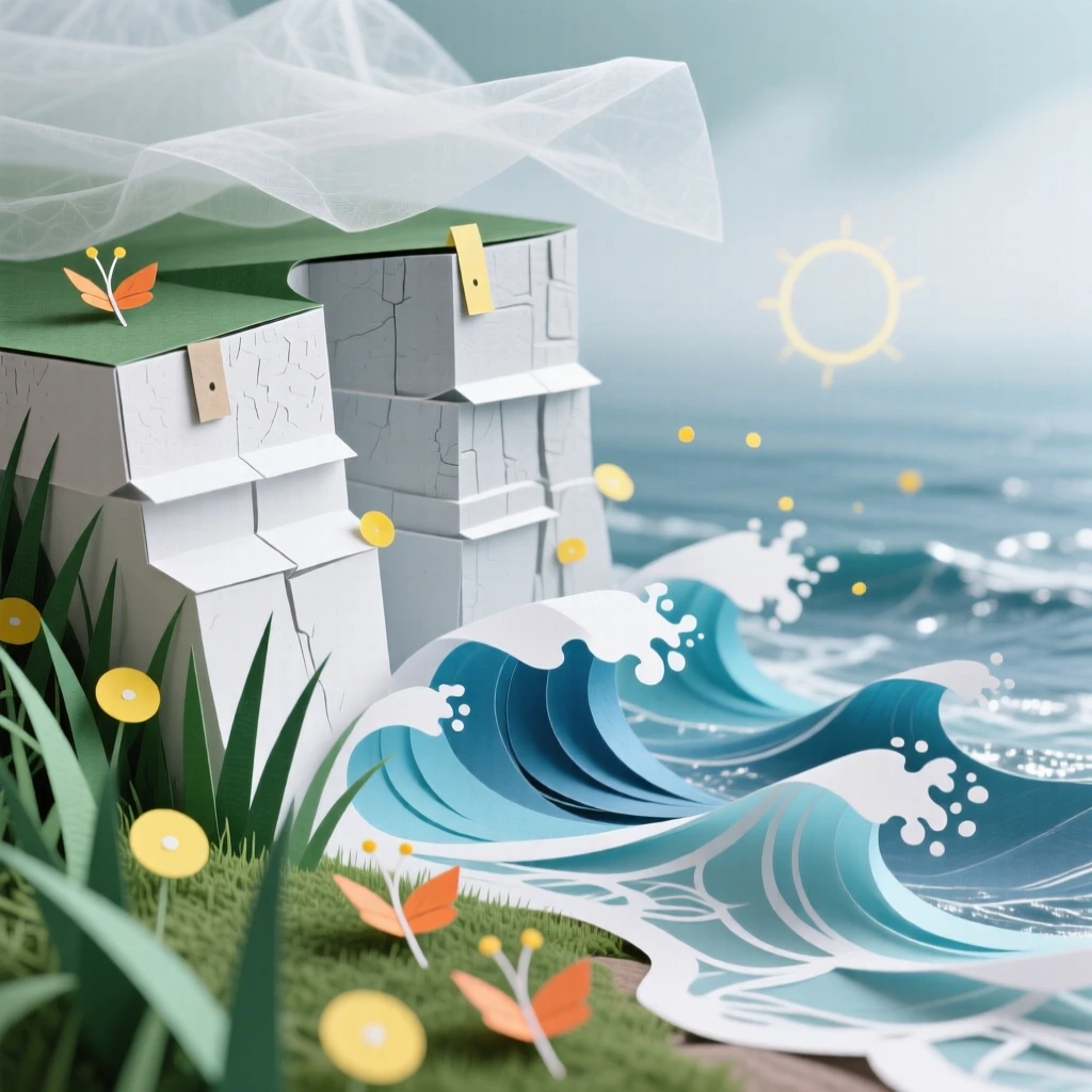 A chalk cliff coastline above crashing waves in soft drifting morning mist, with fireflies glowing softly in the grass, evoking peaceful solitude and timeless beauty.