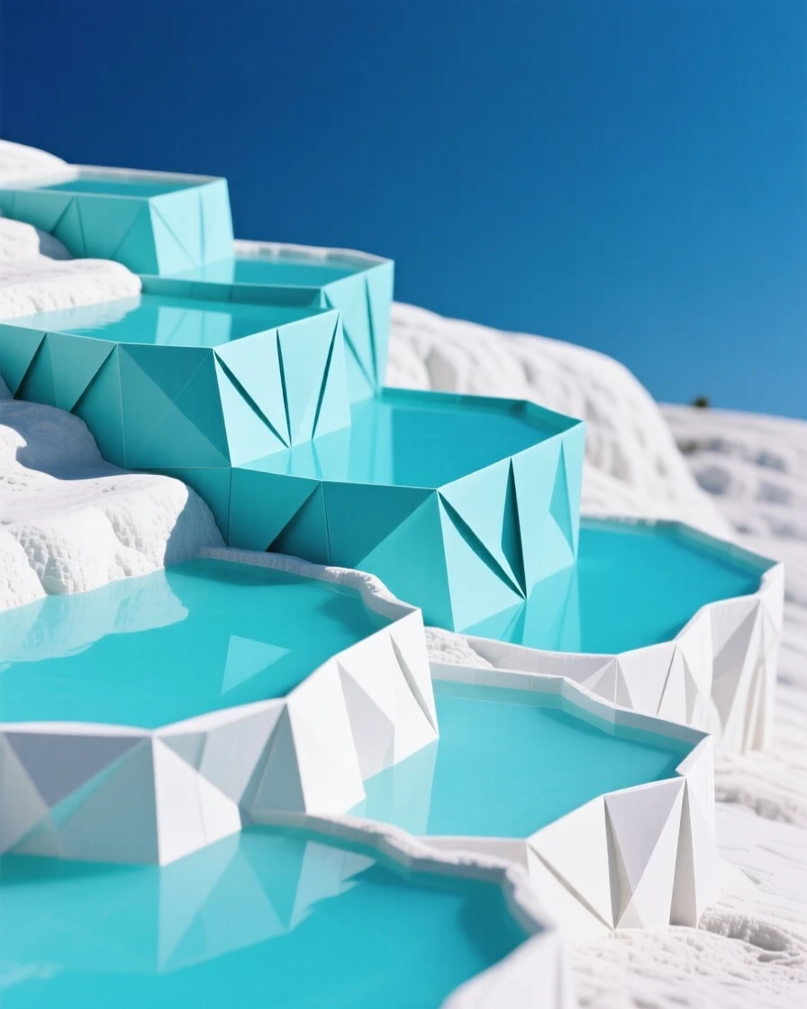 The turquoise terraces of Pamukkale glowing white against a deep blue sky.