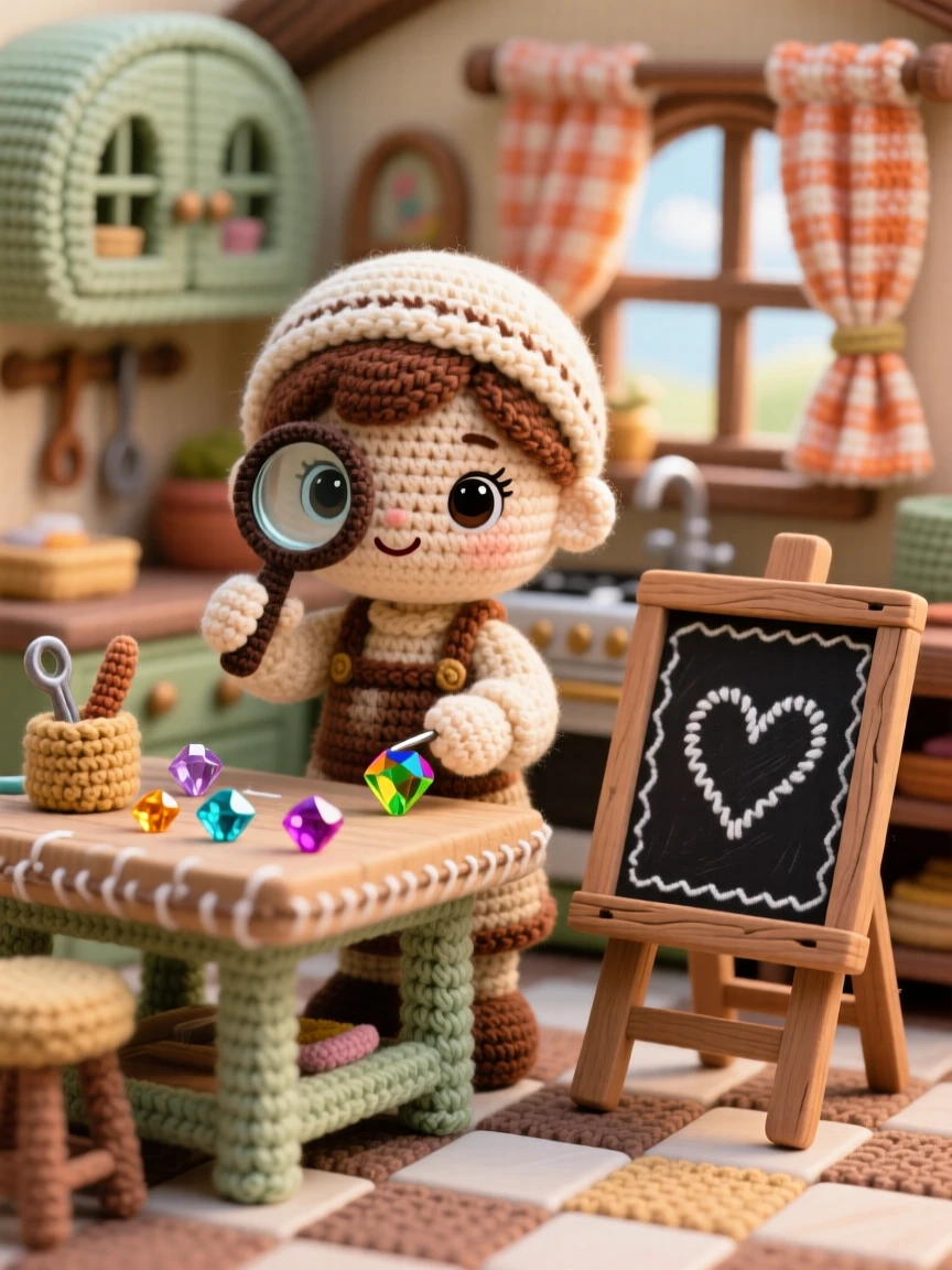 A charming scene of a young apprentice jeweler with a loupe held to one eye, polishing a small gemstone at a workbench inside a cozy cottage kitchen with checkered curtains; a small chalkboard sign with a hand-drawn heart adds to the moment, full of quiet contentment in simple daily work.