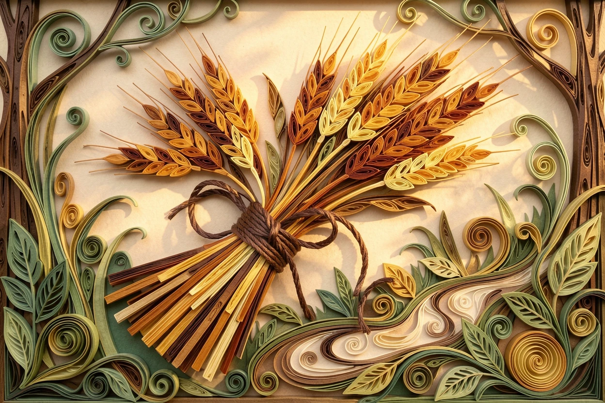 A serene botanical study of a bundle of autumn wheat tied with twine along a winding forest path, with soft golden hour light washing over the scene, arranged asymmetrically for a natural, organic feel.