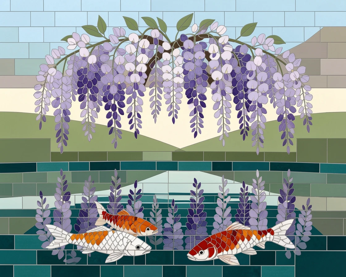 A Japanese wisteria garden reflected in a still koi pond.