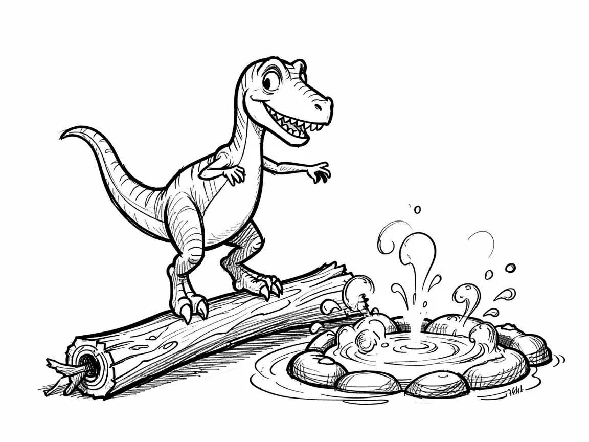 A dinosaur balancing on a log beside a bubbling prehistoric spring.