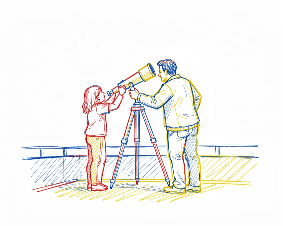 A father and daughter stargazing through a telescope on a rooftop