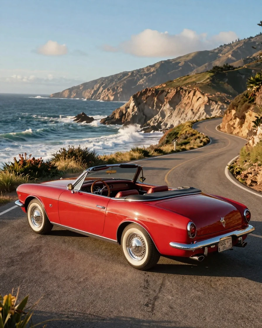 A classic red convertible parked along a coastal highway