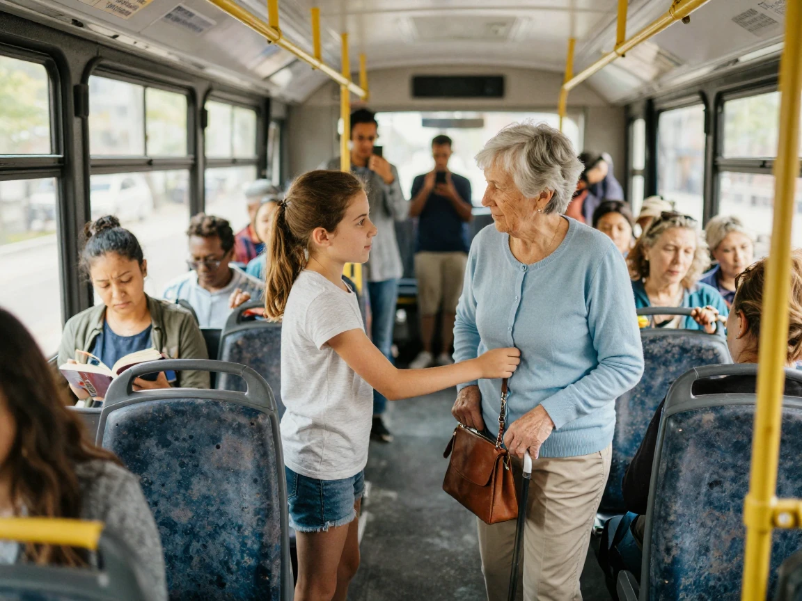 A young girl gives up her seat on a crowded bus to an elderly passenger.