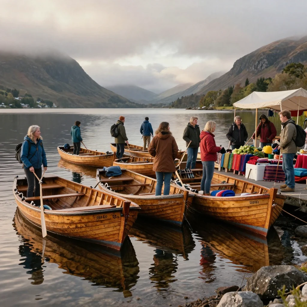 Travelers exploring a floating market crowded with wooden boats at the edge of a Scottish highland loch